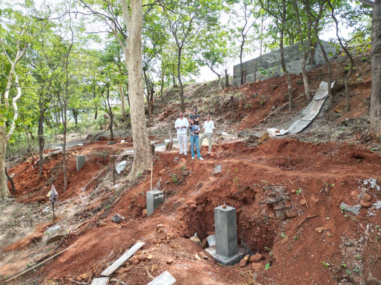 Heavy crane lifting cabins into position among trees